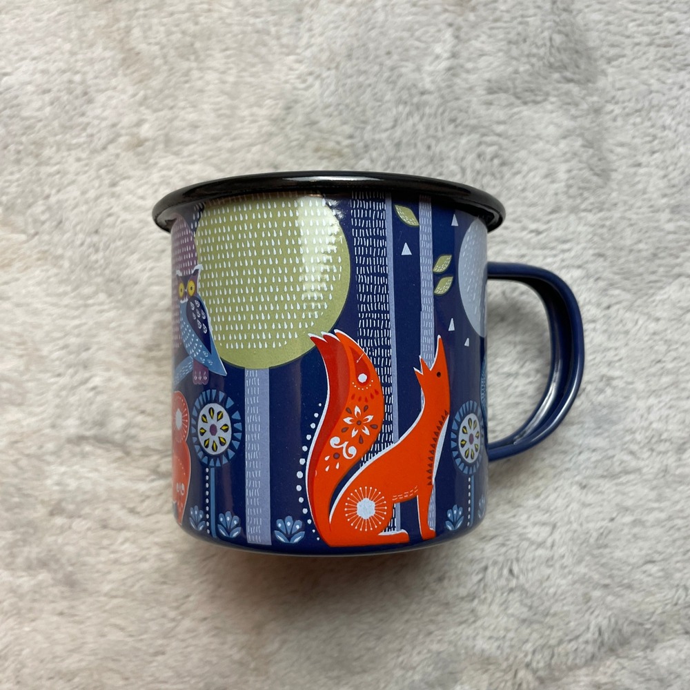 Wild & Wolf Folklore Metal Enamel Camping Mug 8 oz Blue Fox Owl Bear Nina Jarema